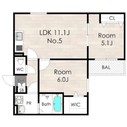 2LDK振り分け間取り、ウォークインクローゼット付き間取